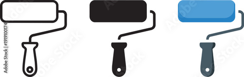 Paint roller icons set outline solid black and blue on transparent background
