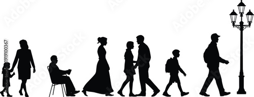 Silhouette illustration of human life stages from childhood to old age, aging progression, generational concept, mortality theme, creative design element, life journey artwork