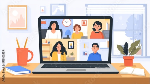 Online meeting concept, laptop with video call 