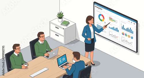 Business team meeting with woman presenting data on screen