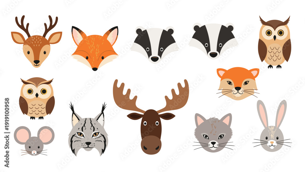 Fototapeta premium Set of woodland animal head illustrations featuring various forest creatures in a flat graphic style for children design projects.