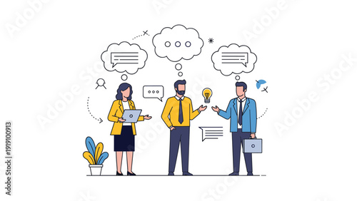 Group of business people having a discussion with speech bubbles and a light bulb idea icon in a teamwork and collaboration concept.