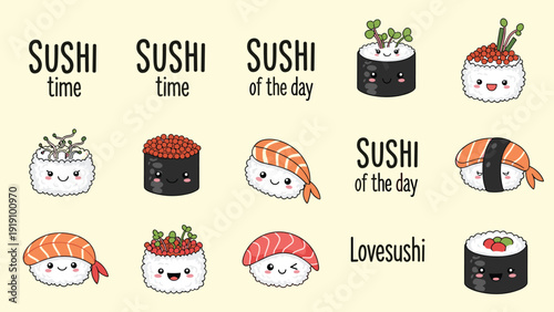 Cute collection of kawaii sushi characters with funny faces and typography elements for restaurant branding and stickers.
