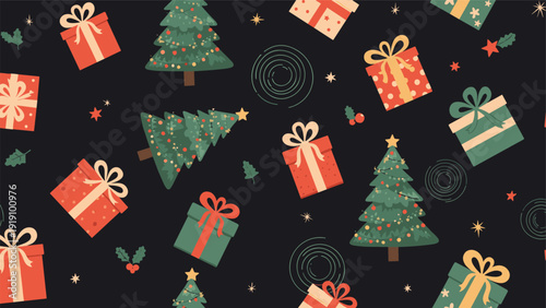 Festive seamless pattern with decorated christmas trees and colorful gift boxes scattered on a dark black background with stars.