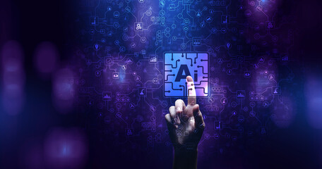 AI Artificial intelligence, Machine learning, Big data analysis and automation technology in business and industrial manufacturing concept on virtual screen.