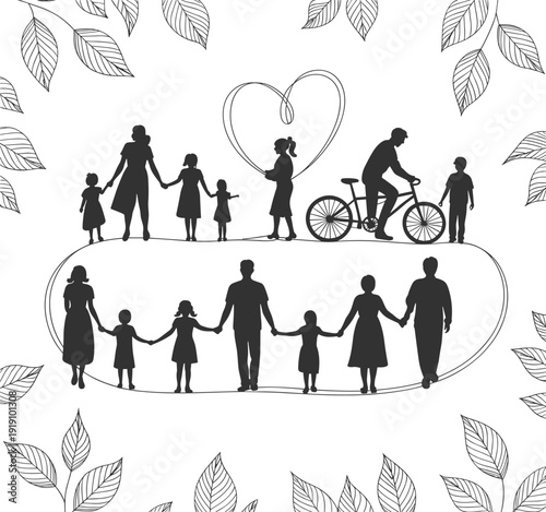 Family silhouettes with heart symbol and bicycle, generations bonding together in love and unity concept illustration isolated background