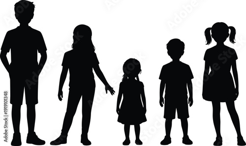 Silhouettes of five children standing in row, different ages and postures, childhood diversity, educational concept, family lifestyle illustration, creative design element artwork