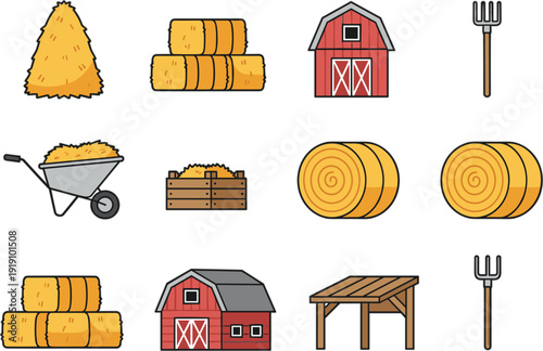 Farm elements flat vector icon set barn hay bale wheelbarrow pitchfork wooden table rural agriculture collection
