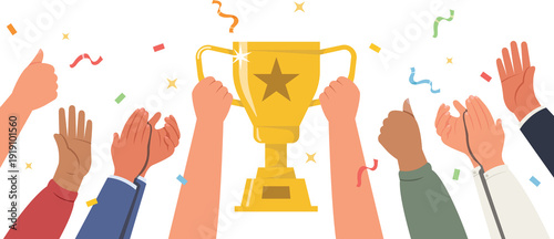 Tableau sur toile Group of people celebration with championship and holding gold trophy cup