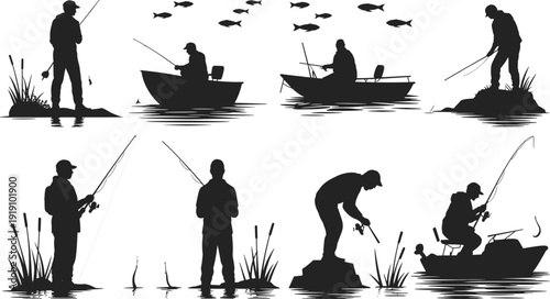 Silhouettes of people fishing in various settings with fish above water