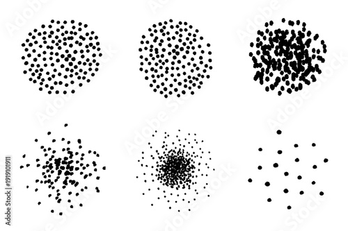Photos Collection of abstract black dot patterns in circular arrangements, depicting density variations and subtle movement on white