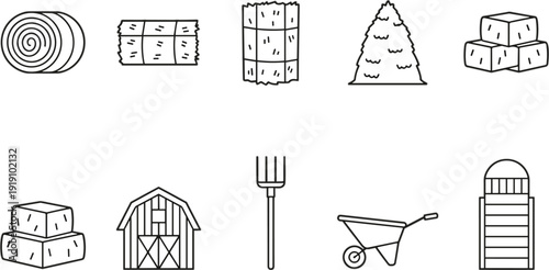 Farm elements outline vector set barn hay bale silo wheelbarrow pitchfork rural agriculture line art collection