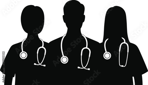 Three Silhouettes of Medical Professionals with Stethoscopes black white