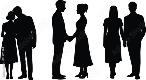 Silhouettes of three couples in different poses, holding hands, showing affection and connection, relationship concept, lifestyle illustration, creative design element, togetherness artwork
