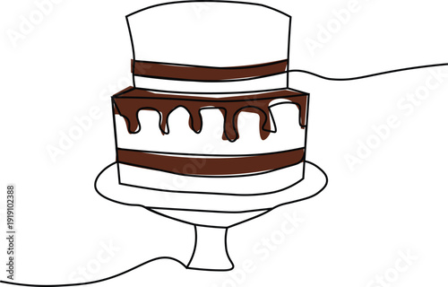Minimalist chocolate cake one line drawing. Continuous line art.