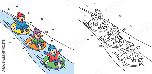 Happy children snow tubing down a hill, winter sledding activity with friends, vector illustration set containing colored version and black and white outline for coloring book page