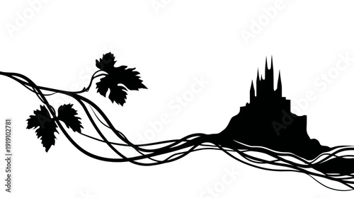 Mystical castle silhouette intertwined with winding grape vine tendrils, elegant fantasy black and white illustration.