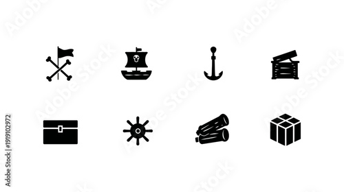 Black Vector Icons for Pirate Adventure and Nautical Theme, Featuring Ship, Anchor, Treasure Chest, Skull Flag, Cannons