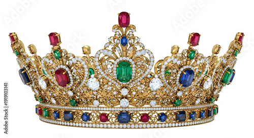 Luxurious gold crown adorned with precious gems on white isolated on transparent background