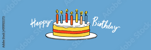 Birthday cake with ten candles and happy birthday text. Illustrated birthday cake with ten lit candles and Happy Birthday message on blue background