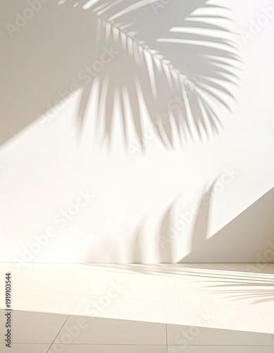 Minimalist background with strong palm leaf shadow pattern on a light wall and tiled floor.