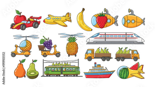 Fruits and Vehicles: A playful medley of fruits transformed into an exciting array of vehicles. Capturing the imagination.