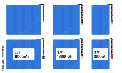 3.7V Lithium Polymer battery packs isolated on white background. Vector power cell icons for technical manuals, drone assembly guides, RC hobbyist infographics, and electronics hardware UI design