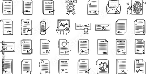 Line art icons of legal documents, contracts, receipts, wills, and official paperwork with signatures and seals for business and finance.