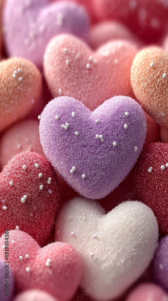 Fototapeta premium Macro view of sparkling heart shaped candy, red and white stripes, luxury dessert illustration for love themed advertising