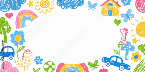 Colorful childlike drawings of flowers animals and shapes on white