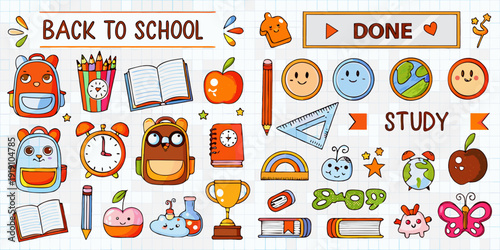Cute back to school supplies and elements in a colorful doodle style