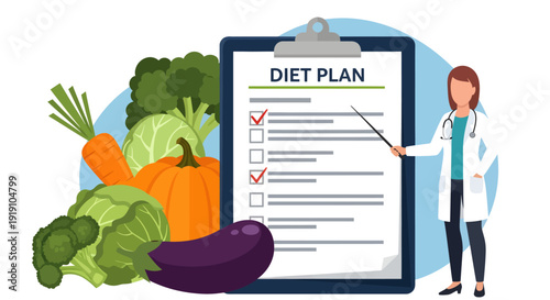 A female nutritionist in a white lab coat uses a pointer to highlight a checklist on a giant diet plan clipboard, surrounded by oversized fresh vegetables like pumpkin, broccoli, eggplant and carrots