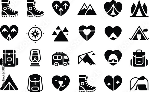 Black and white of hiking boots, tents, backpacks, mountains, and camping equipment