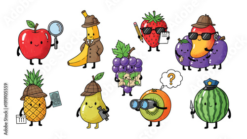 Fruitful Sleuths: A delightful ensemble of animated fruit characters take on the roles of detectives, each bringing their unique charm to the investigation with magnifying glasses, notebooks.