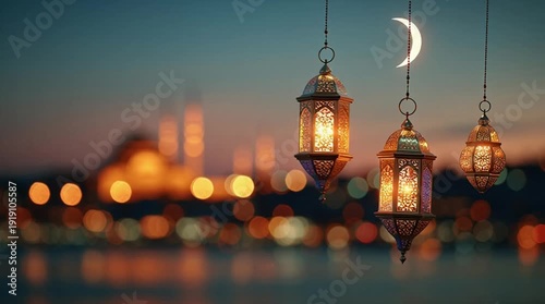 Ramadan lanterns and crescent moon over blurred city skyline at dusk.