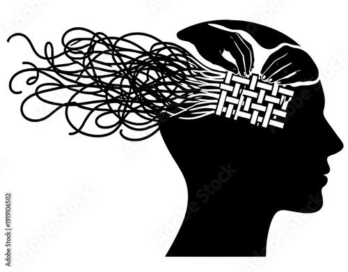 Hands Weaving Tangled Threads Head Profile Vector Silhouette Mental Health Restructuring Thought Concept Minimalist Black Icon
