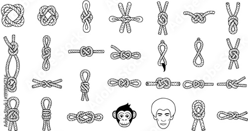 Detailed Vector Set of Various Rope Knots, Hitches, Bends, and Loops in Black and White Line Art, Ideal for Nautical, Climbing, and Outdoor Designs