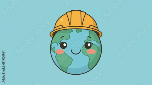 Cute cartoon Earth wearing yellow safety helmet with happy face on blue background