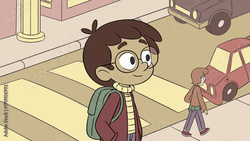 Young person with hearing impairment wearing glasses with real-time captions, busy street.