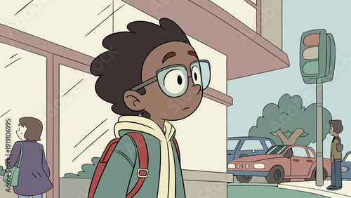 Young person with hearing impairment wearing glasses with real-time captions, busy street.