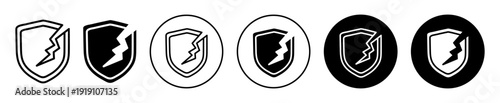 Broken shield icons in black filled and outlined set