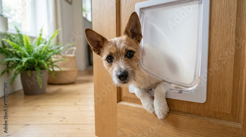 Dog peeking through a cat flap in a home interior with plants