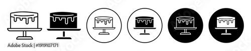Cake on stand icon set with dessert pastry symbol in outline and filled styles.