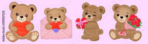 set of Kawaii Teddy Bear Love Set Nostalgia Cartoon Doodle Hand Drawn. Cute teddy bear illustration. Ribbon and teddy bear vector Valentine