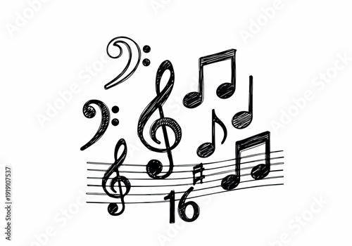 A collection of musical notes and symbols rendered in a hand-drawn sketch style, capturing the essence of music notation