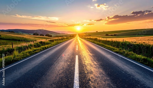 Long, straight asphalt road extending toward a bright sunset over rolling green hills.