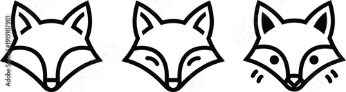 Three stylized fox faces with different expressions in black and white
