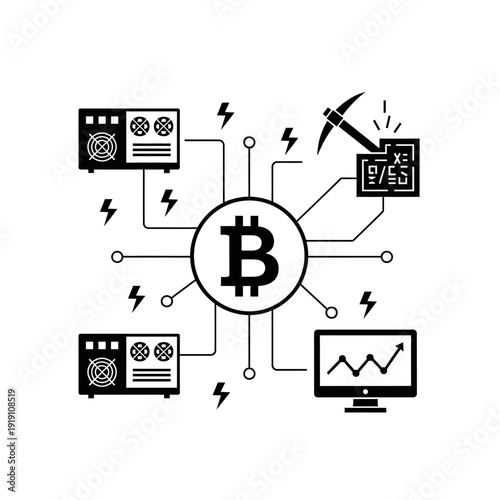 Bitcoin Mining Concept: Mining Rigs, Computer, Pickaxe, Lightning Bolts, and Bitcoin Symbol