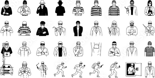 Hand-drawn collection of criminal and law enforcement characters, including robbers, burglars, detectives, police, and crime scenes. Sketch vector illustration set.