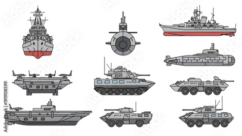 Detailed vehicle autocad blueprint of various naval vessels and amphibious crafts displayed from multiple viewpoints